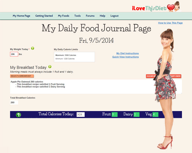 Your Daily Food Journal guides you through the diet and counts your calories for you. Select all approved foods with a click.
